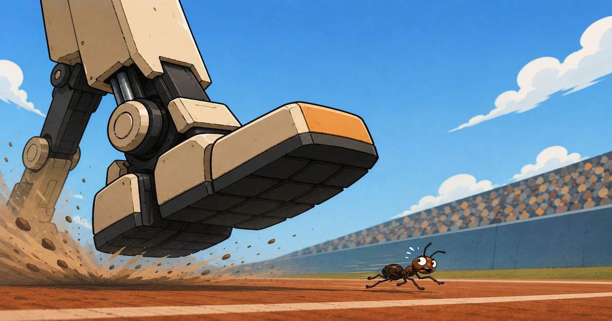 Robot foot chasing an ant on a racetrack